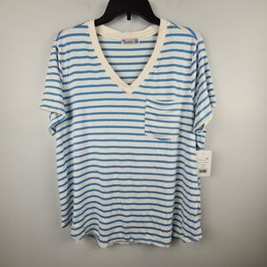 89th + Madison Womens XL Blue White Striped V-Neck Pocket Tee Soft Lightweight